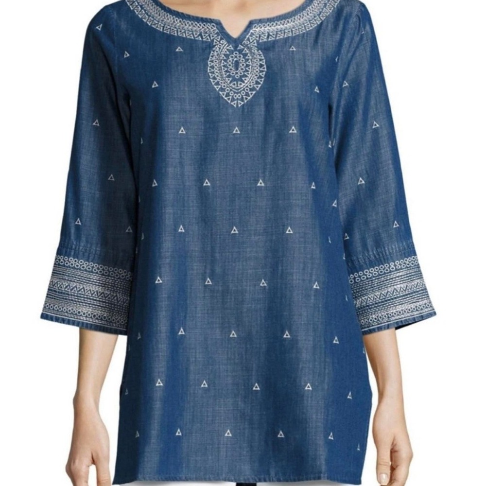 NIC+ZOE Embroidered Denim 3/4 Sleeve Keyhole Neck Women's‎ Tunic Top Size L